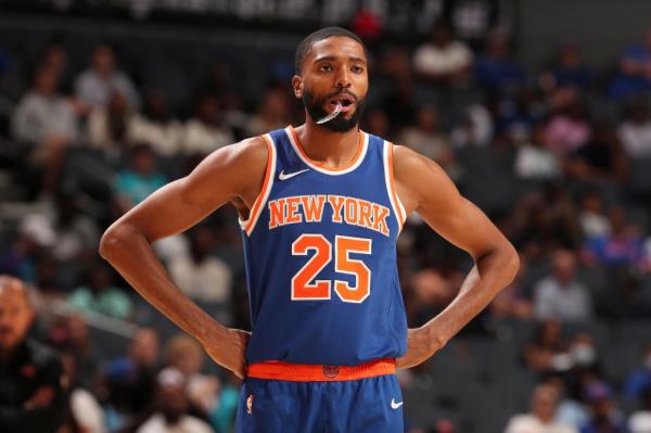 Mikal Bridges #25 of the New York Knicks stands on court during an NBA preseason game on October 22, 2024 at Spectrum Center in Charlotte, North Carolina.